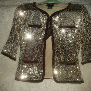 Gold NWT IMAN Sequin Blazer with brown trim